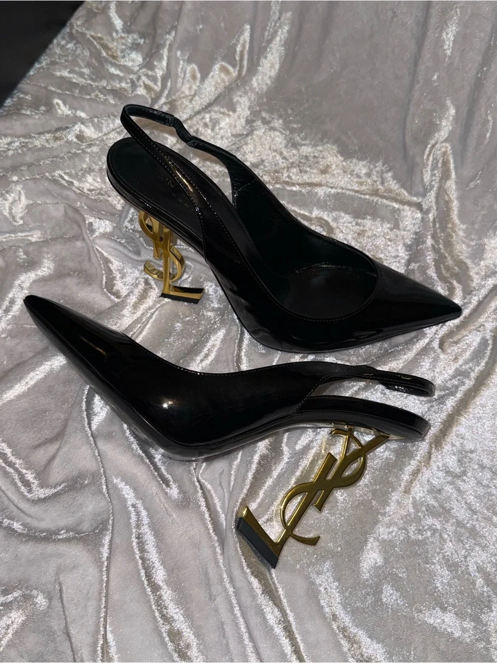 Saint Laurent Black Patent Slingback Pumps with Gold YSL Heel